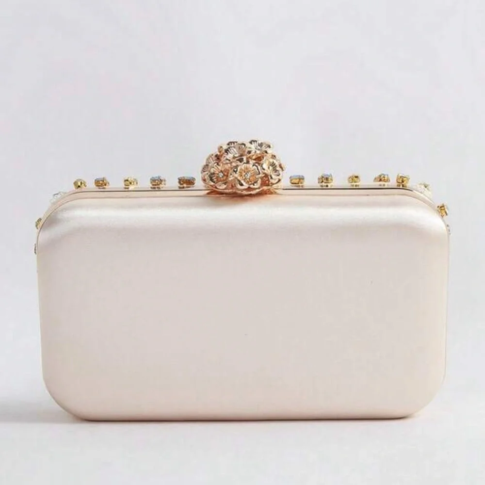 Embellished Ivory Crystal Evening Clutch with Gold Chain